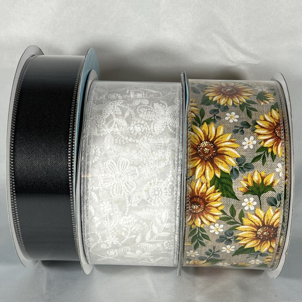 Lot of 3 Ribbons Kirkland White Floral Black/Silver Sunflowers Flowers 150 Yards